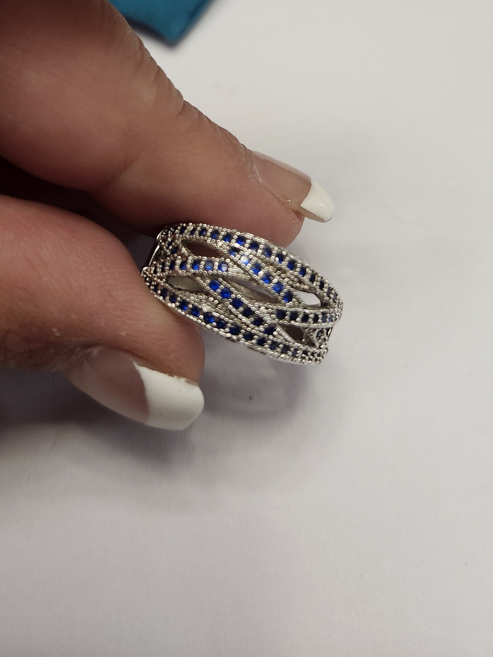 14K White Gold Plated Blue Sapphire Accent Multi-row Women's Ring Size 8
